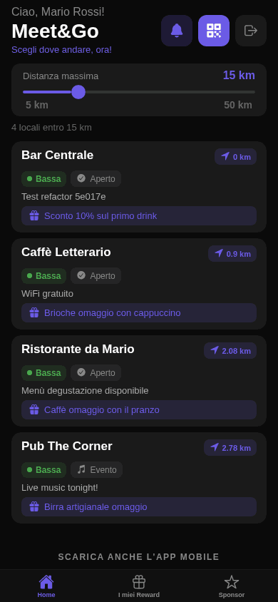 Schermata home di Meet&Go con la lista dei locali vicini e affluenza in tempo reale